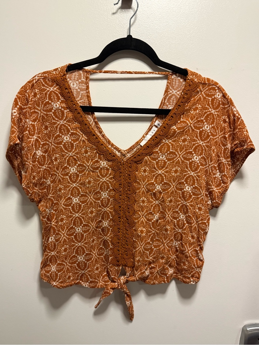 LUQ Crochet-Trim Tie-Front Crop Top in Rust Orange